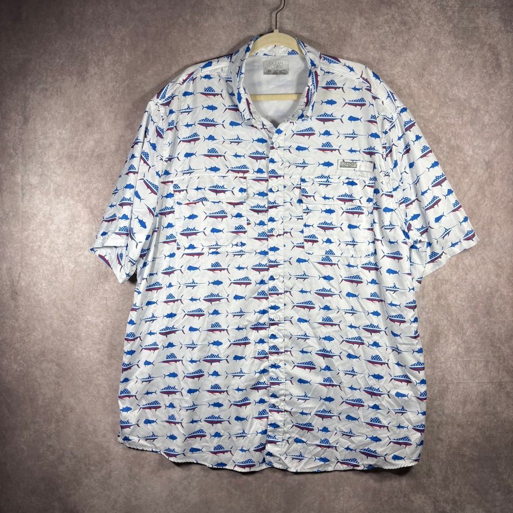 Ocean Coast Fishing Shirt Mens 2XLT White USA Flag Fish Performance Button Up